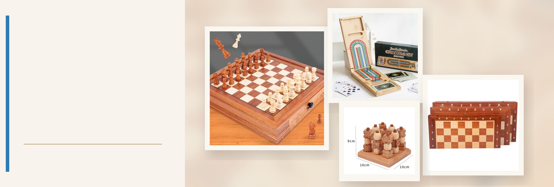 Adult wooden board games collection with chess, cribbage, solitaire and folding games