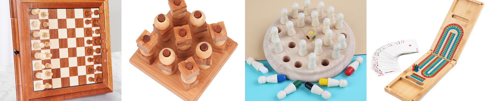 Custom wooden tabletop game components, including a chess set, game pieces and board game accessories